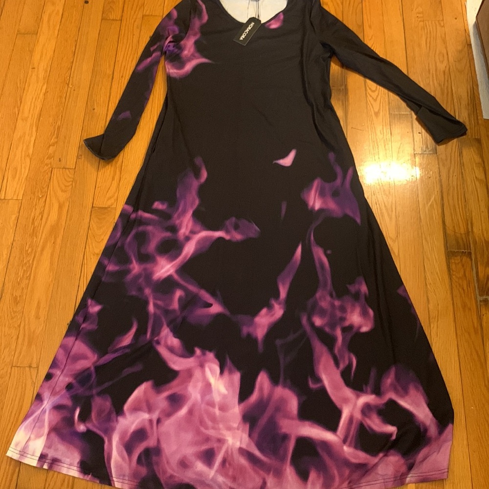 NORACORA LONG BLACK AND PURPLE FLAME PRINT FIRE PRINT MAXI DRESS